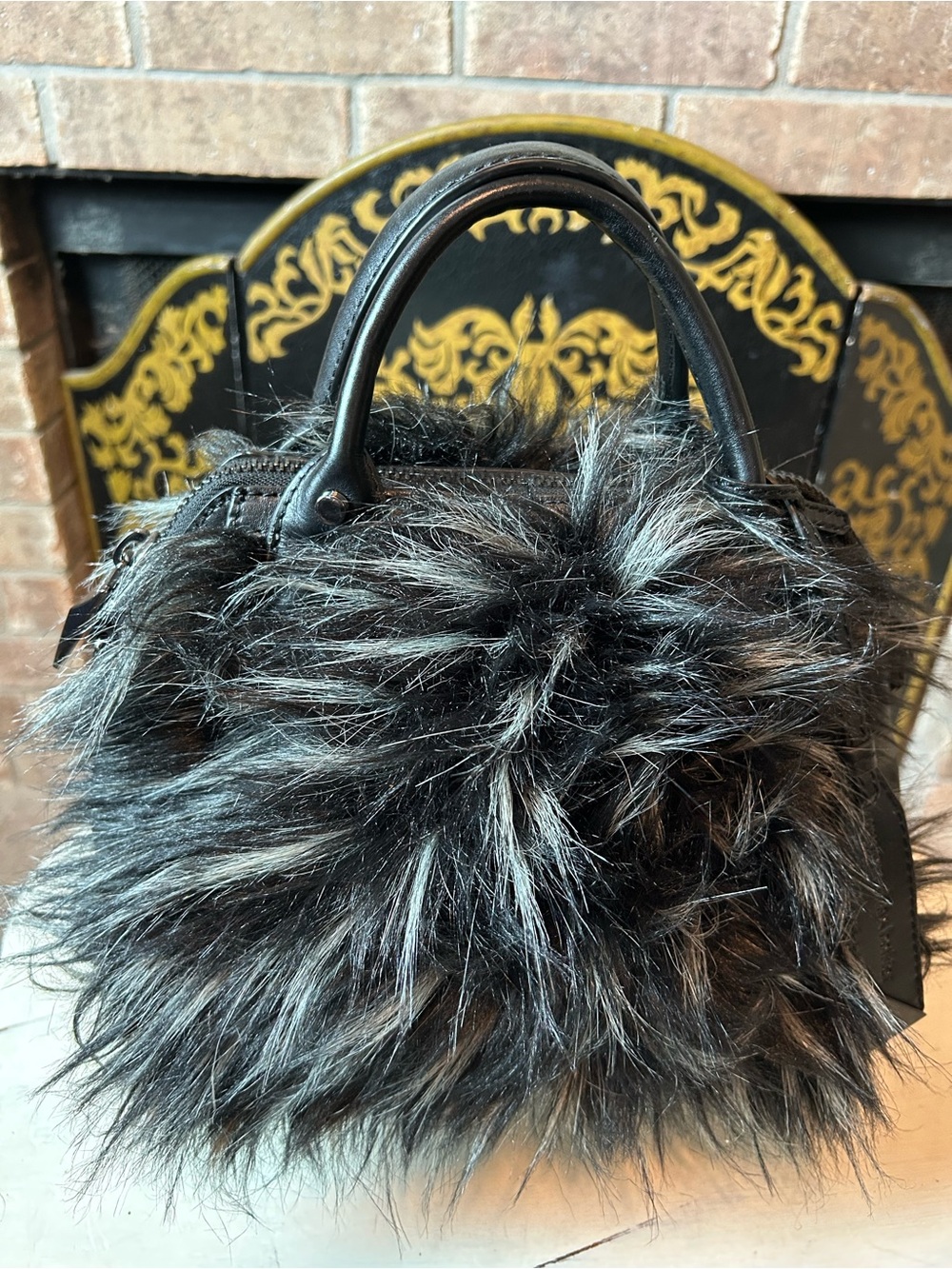 BOTKIER Leather Black & Silver Faux Fur Satchel Purse Bag Tote Zip Top Handles